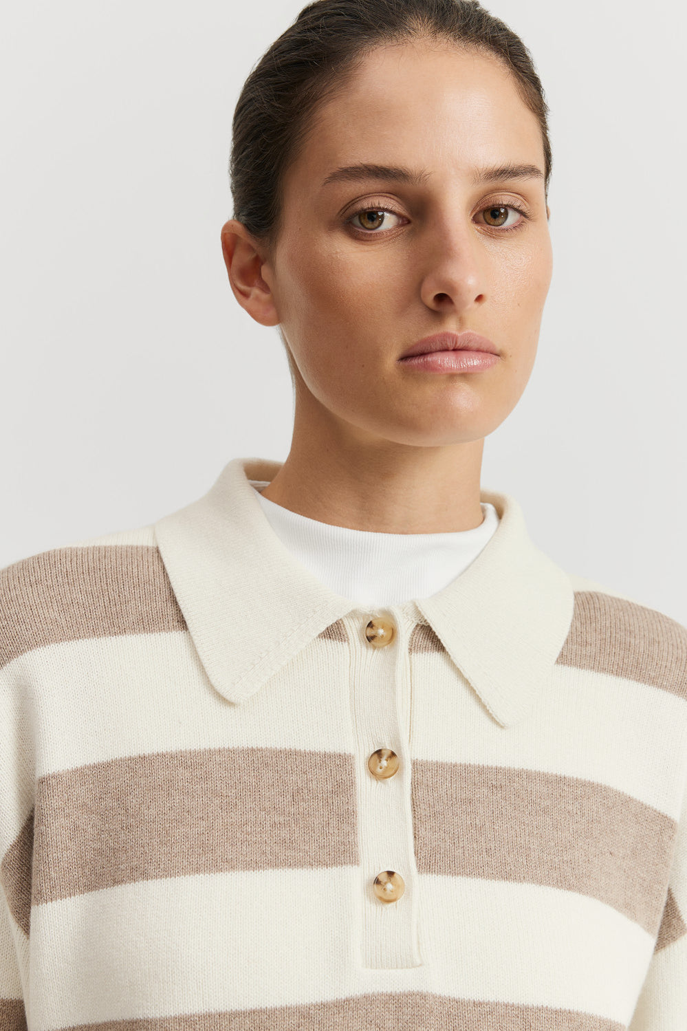 Cotton Blend Stripe Crop Polo Knit