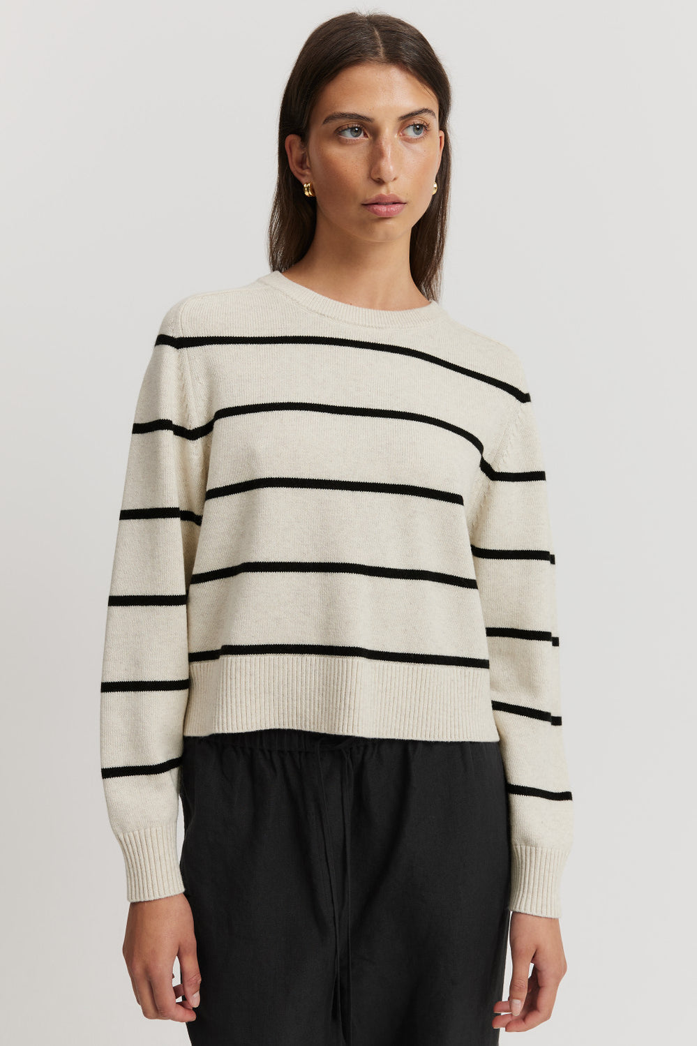 Cotton Blend Stripe Crop Crew Neck Knit