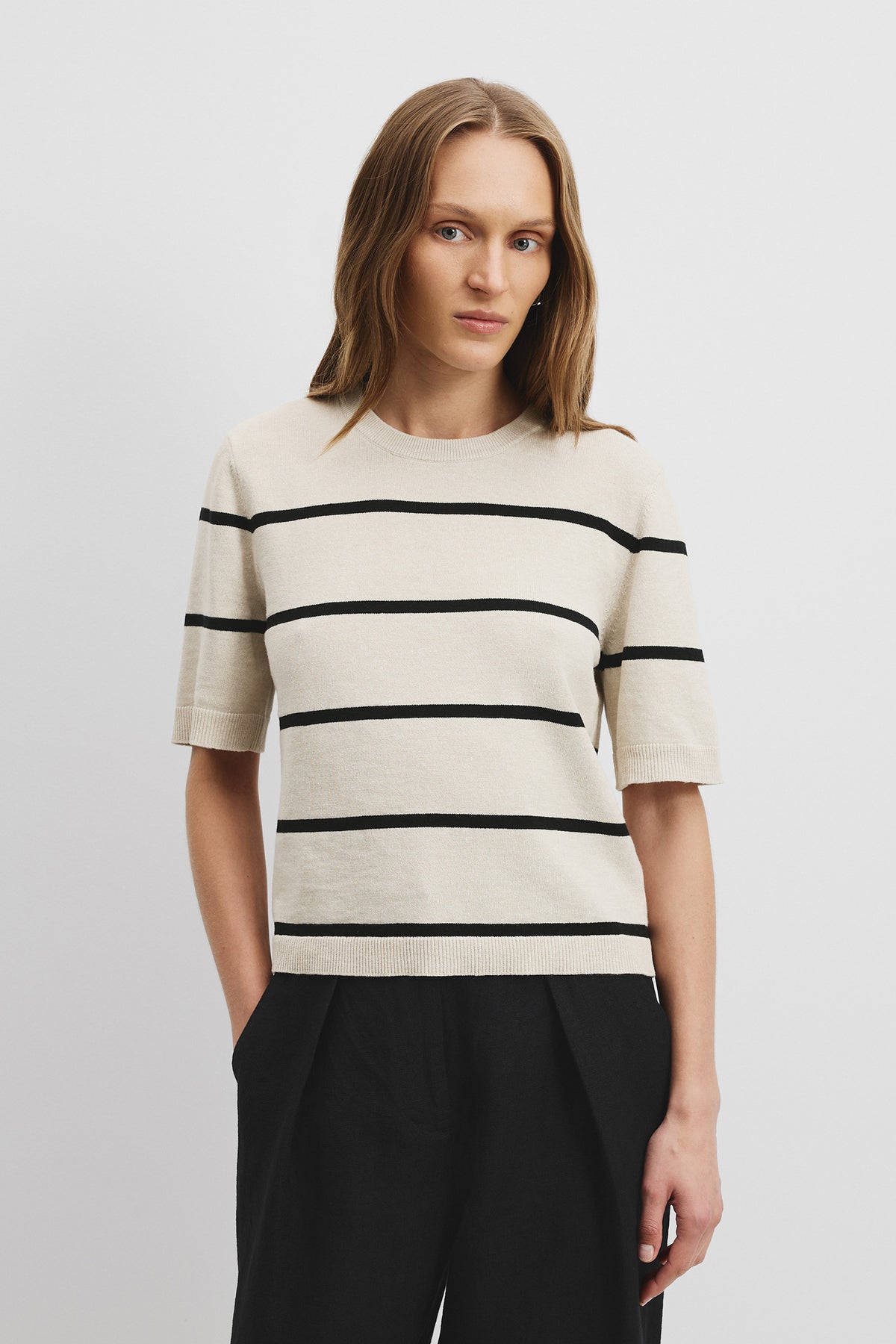 Organically Grown Cotton Linen Stripe Short Sleeve Top
