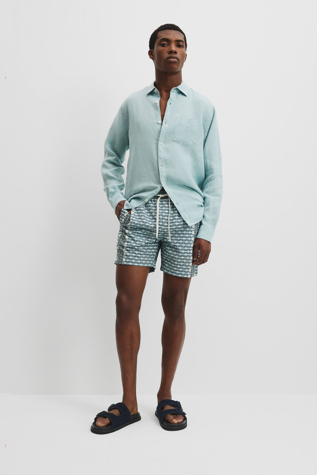 Polyester Blend Wave Border Print Swim Short