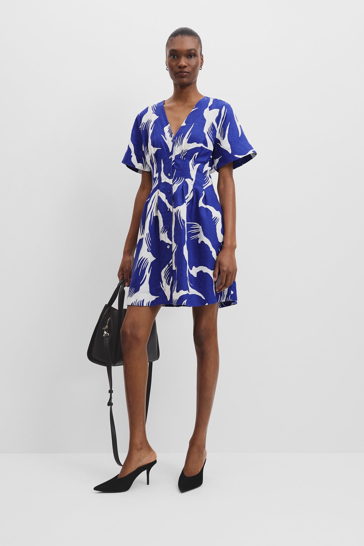 Linen Print Tuck Detail Mini Dress