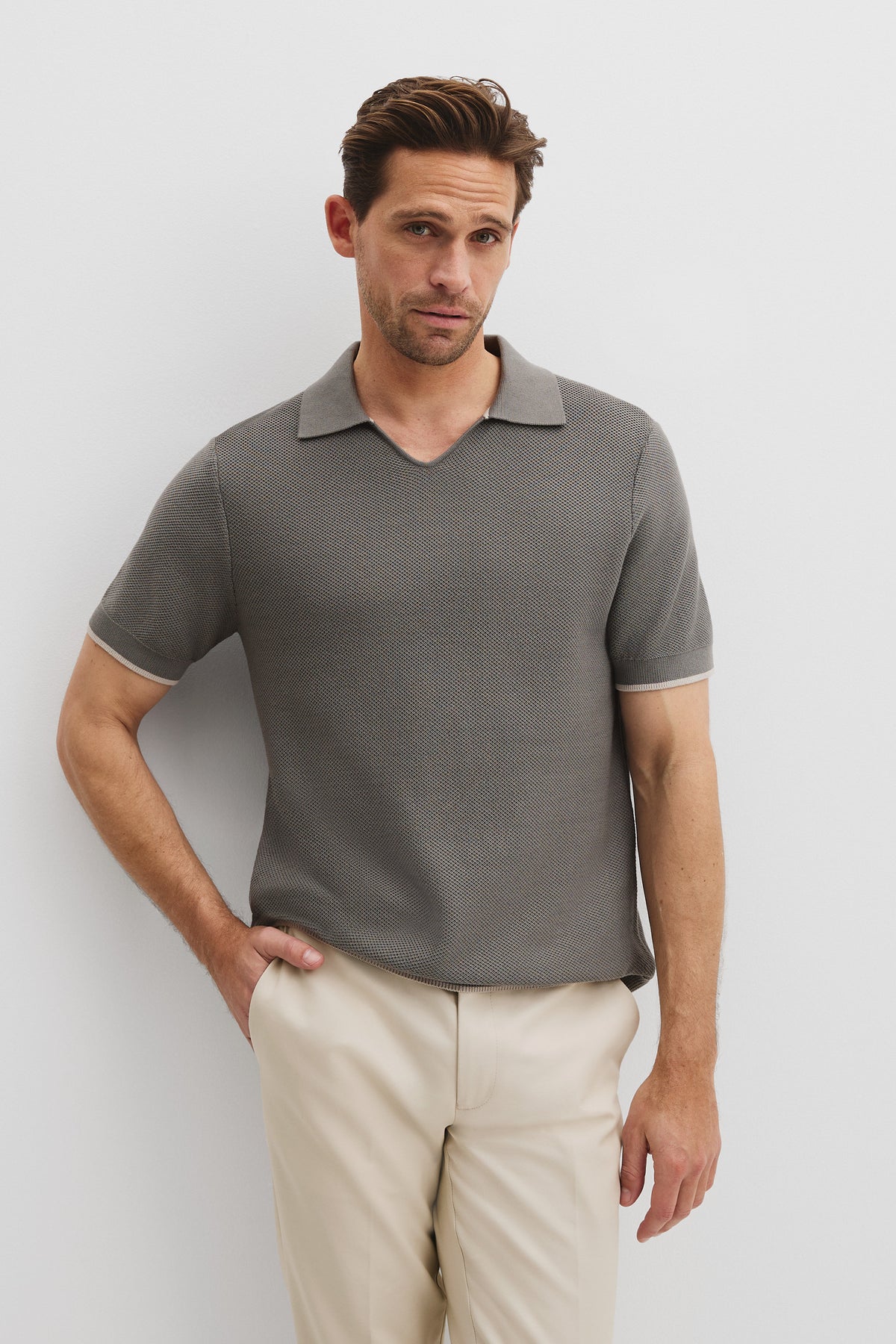 Cotton Textured V-Neck Neck Polo