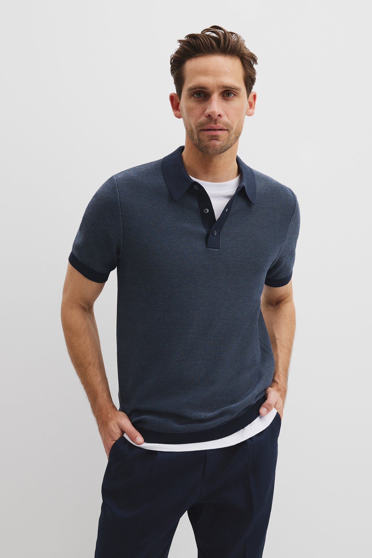 Cotton Blend Silk Textured Knit Polo