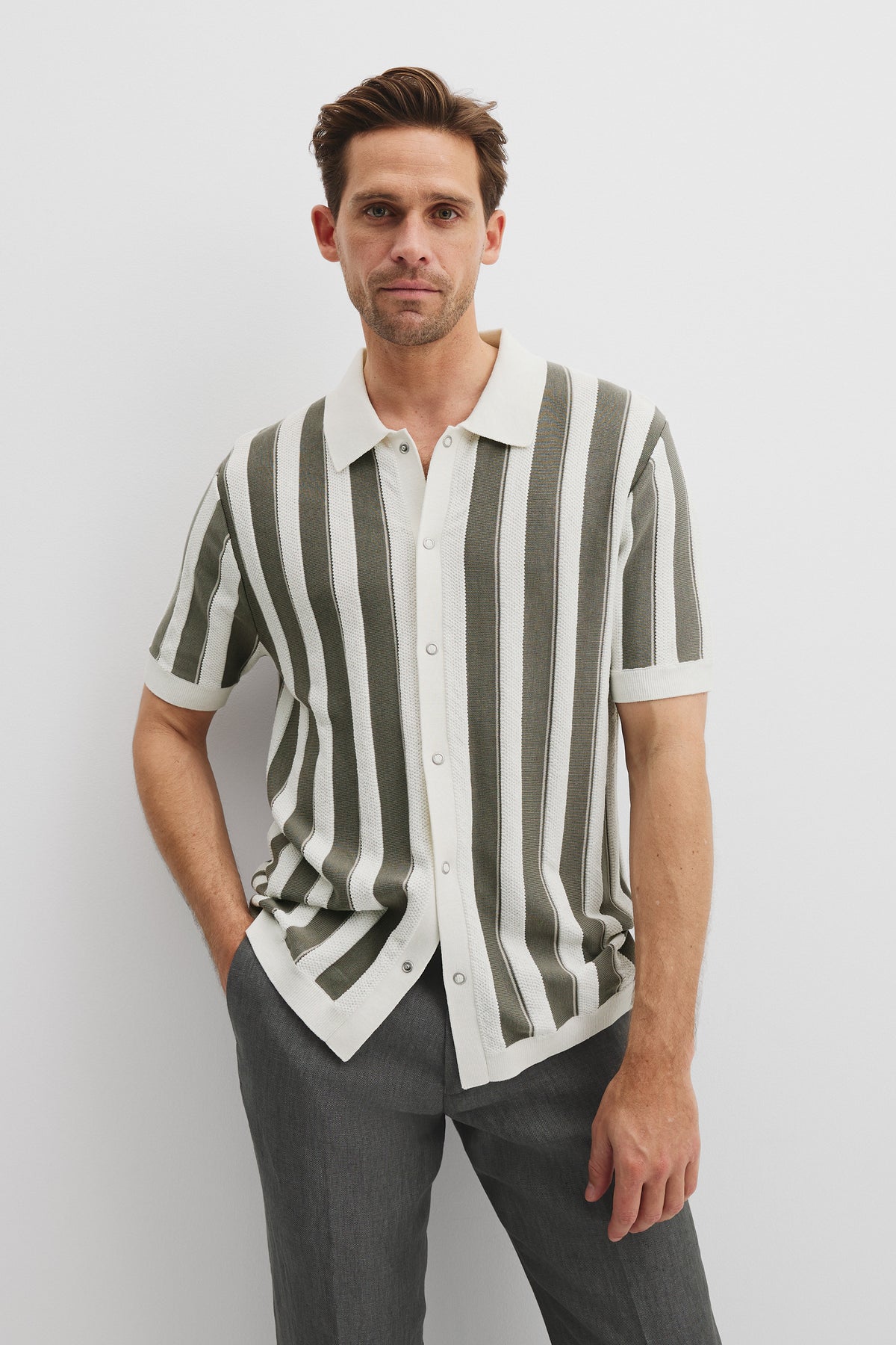 Cotton Silk Textured Stripe Knit Polo Shirt