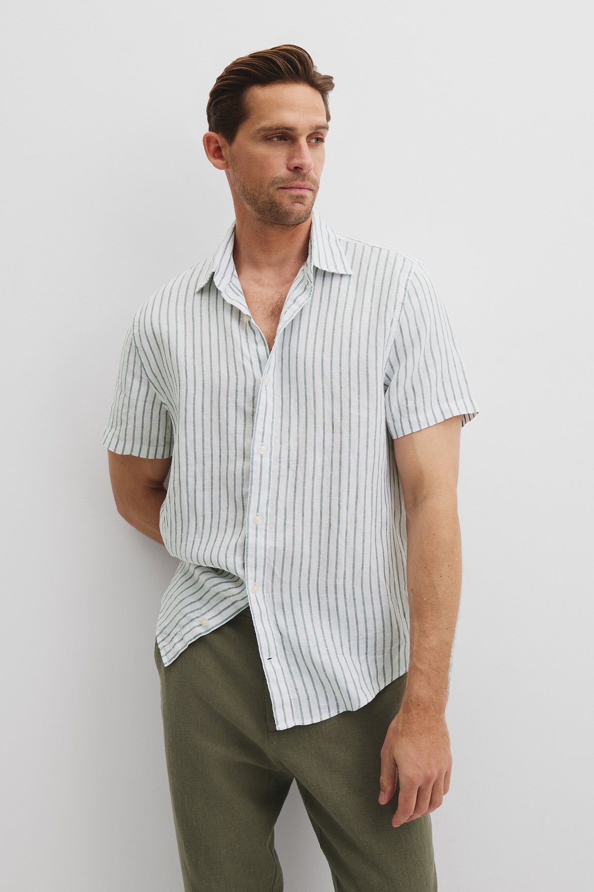 Regular Fit Linen Short Sleeve Stripe Shirt
