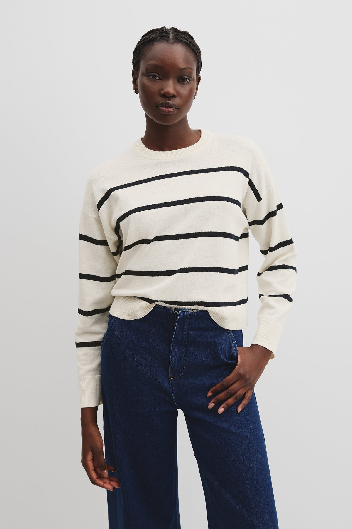 Cotton Linen Stripe Crew Neck Knit