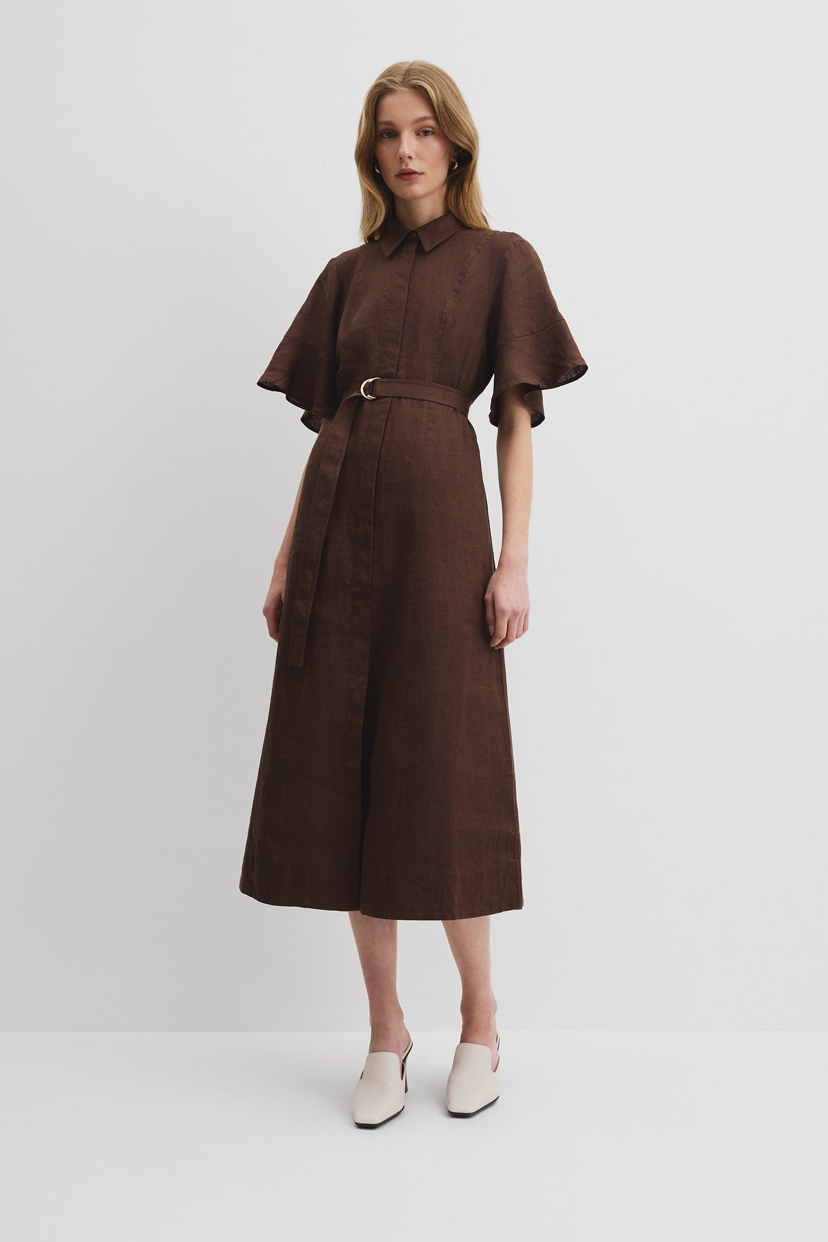 Linen Ruffle Detail Shirt Dress