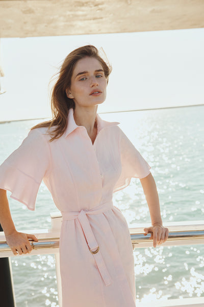 Linen Ruffle Detail Shirt Dress