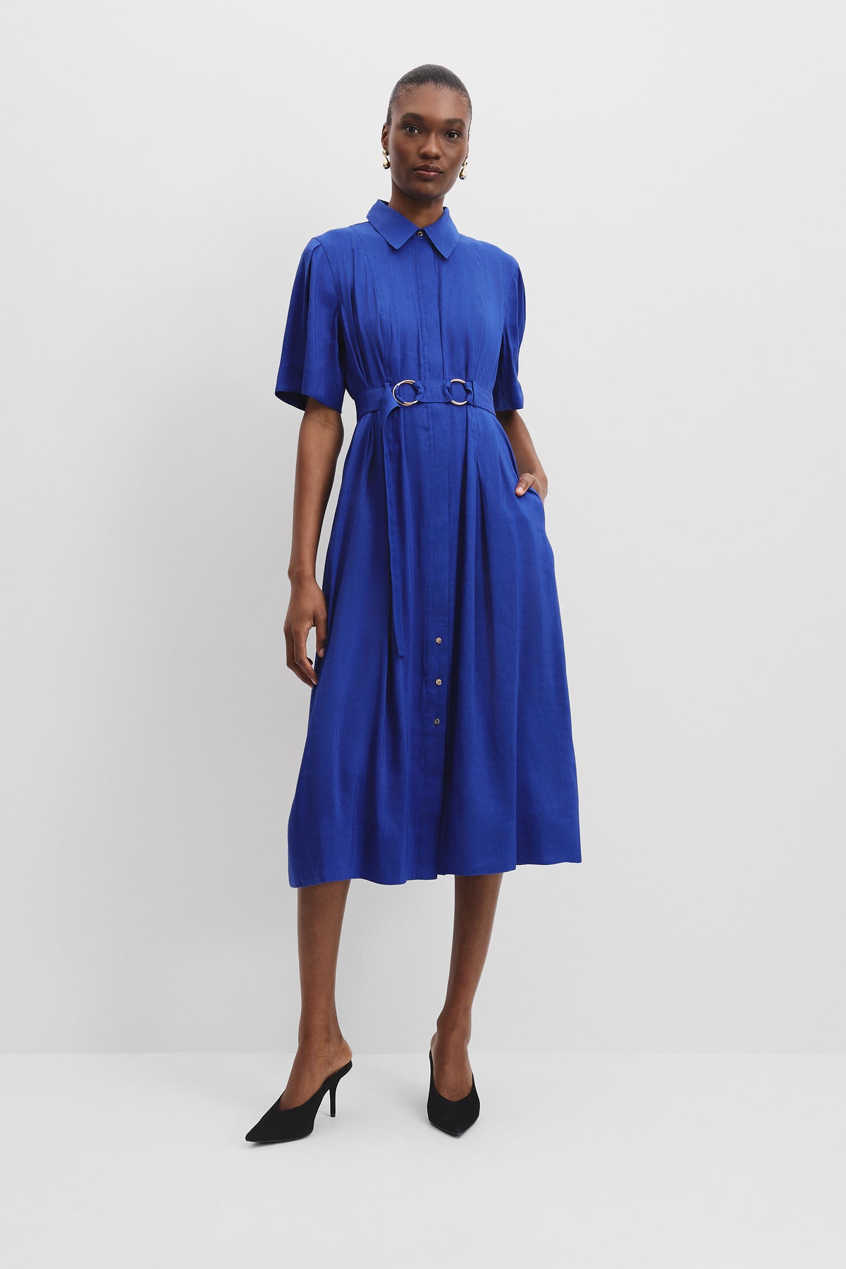 Linen Blend Fluid Shirt Dress