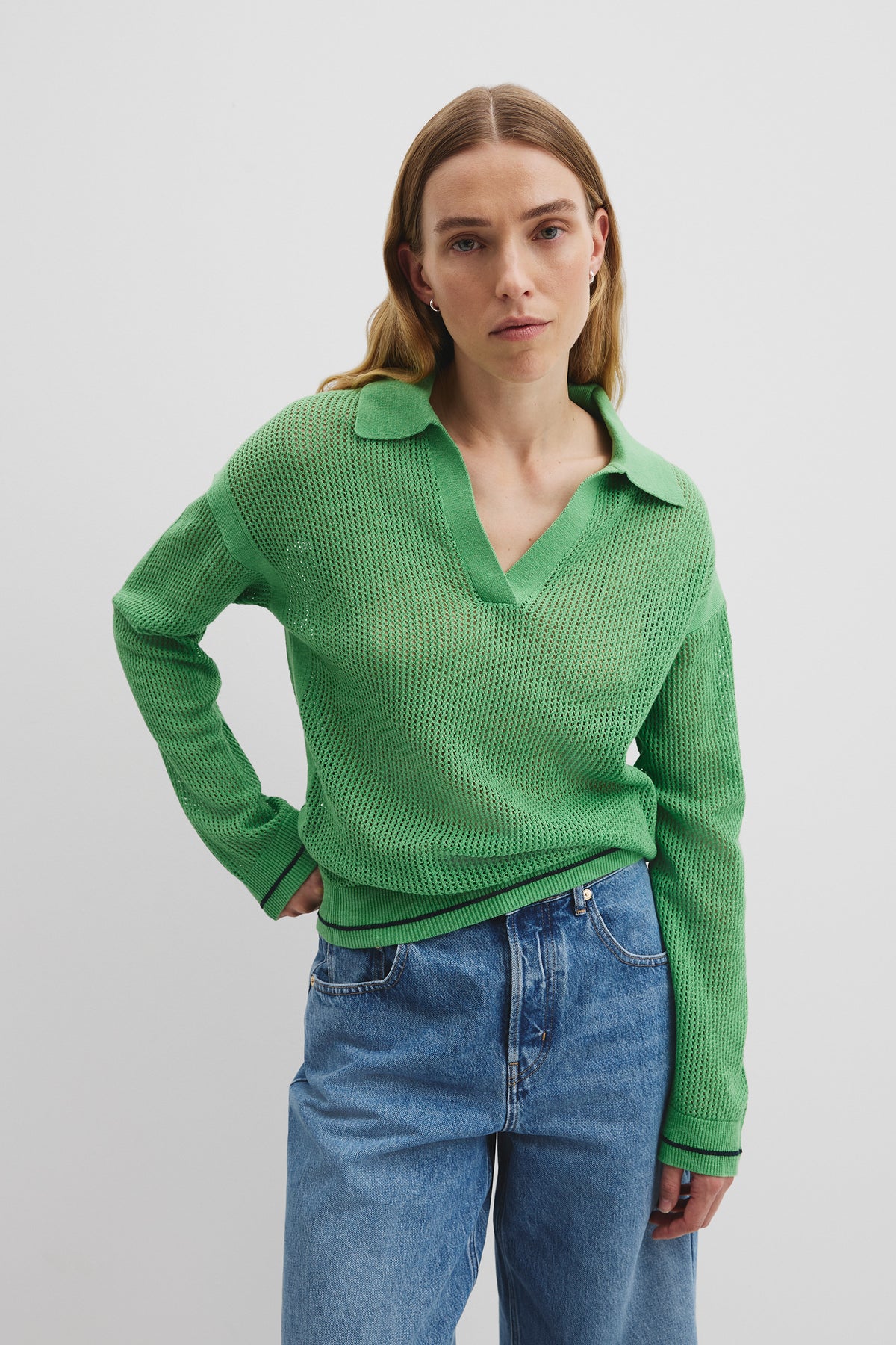 Cotton Mesh Long Sleeve Polo Knit