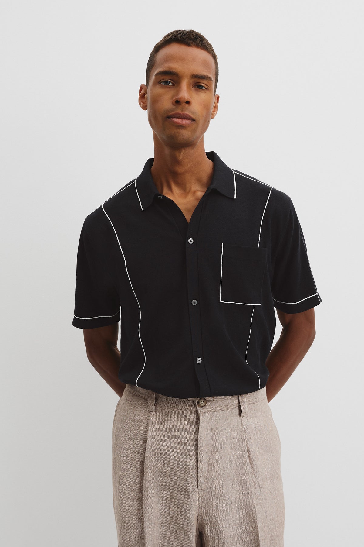 Cotton Silk Pip Detail Knit Shirt