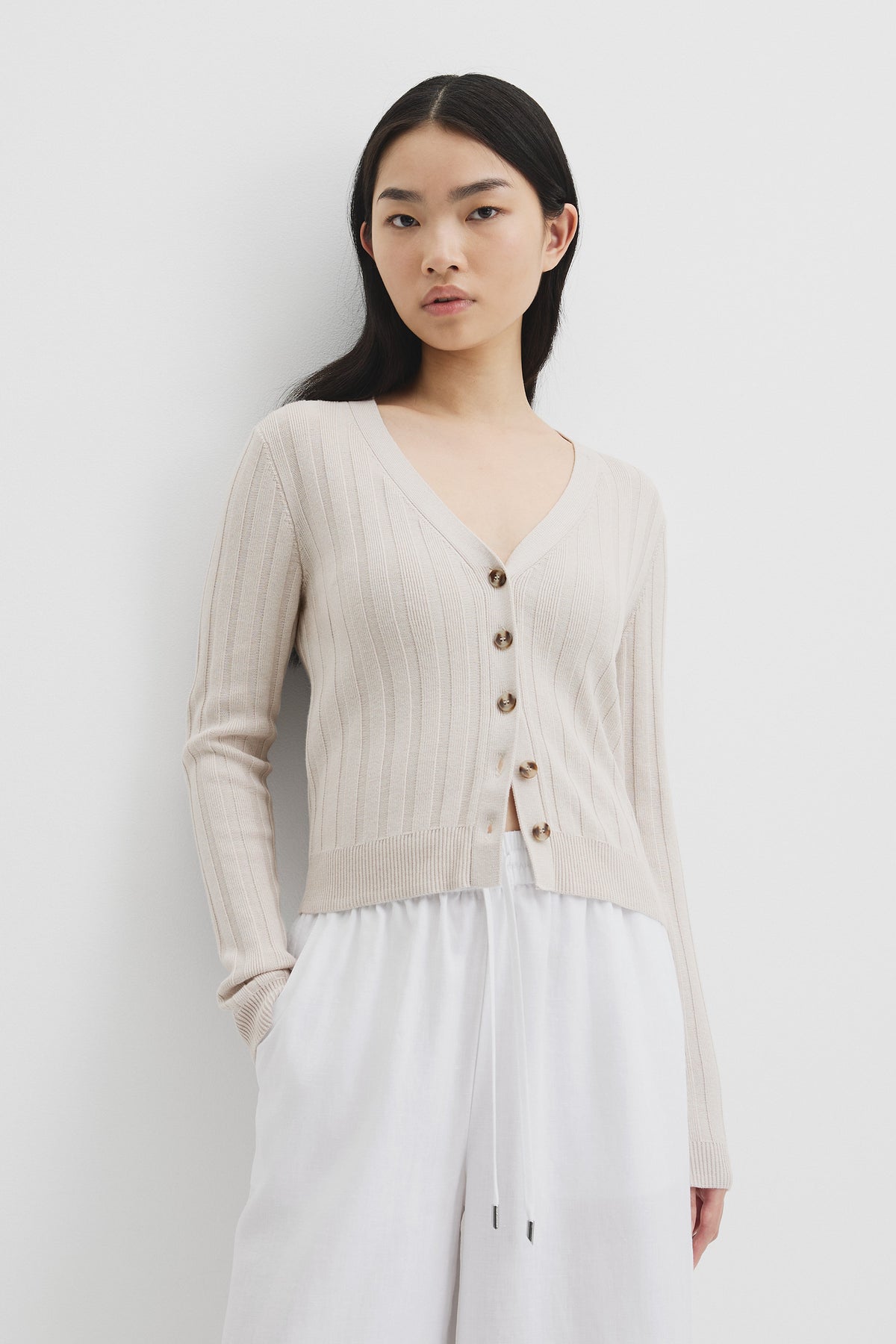 Organically Grown Cotton Blend Fitted Knit Cardigan
