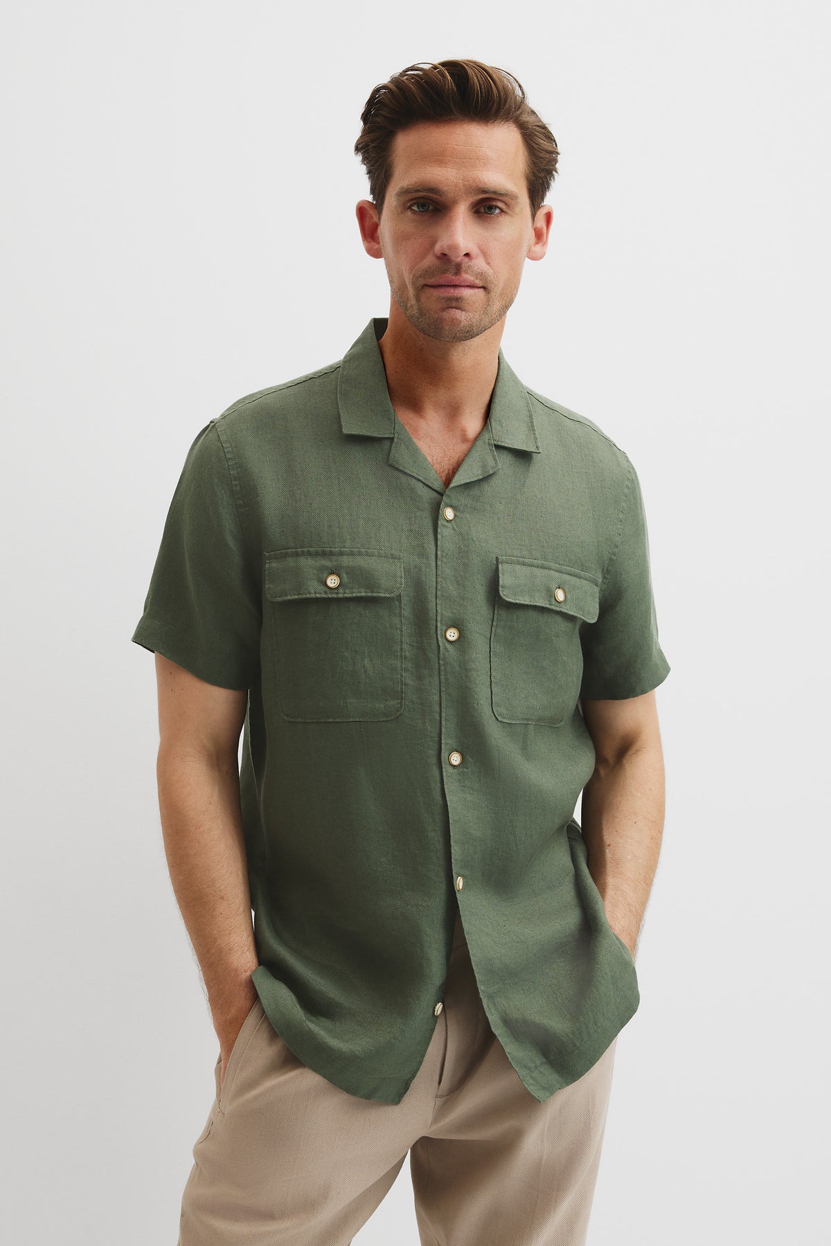 Double Pocket Textured Linen Short Sleeve Shirt