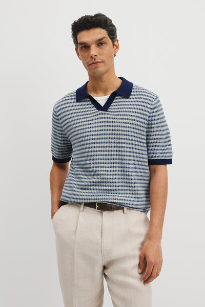 Cotton Linen Textured Check Knit Polo
