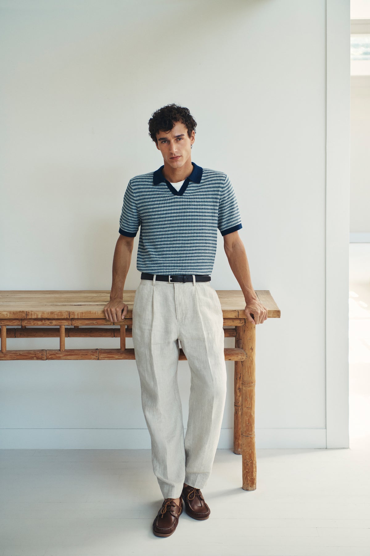 Cotton Linen Textured Check Knit Polo