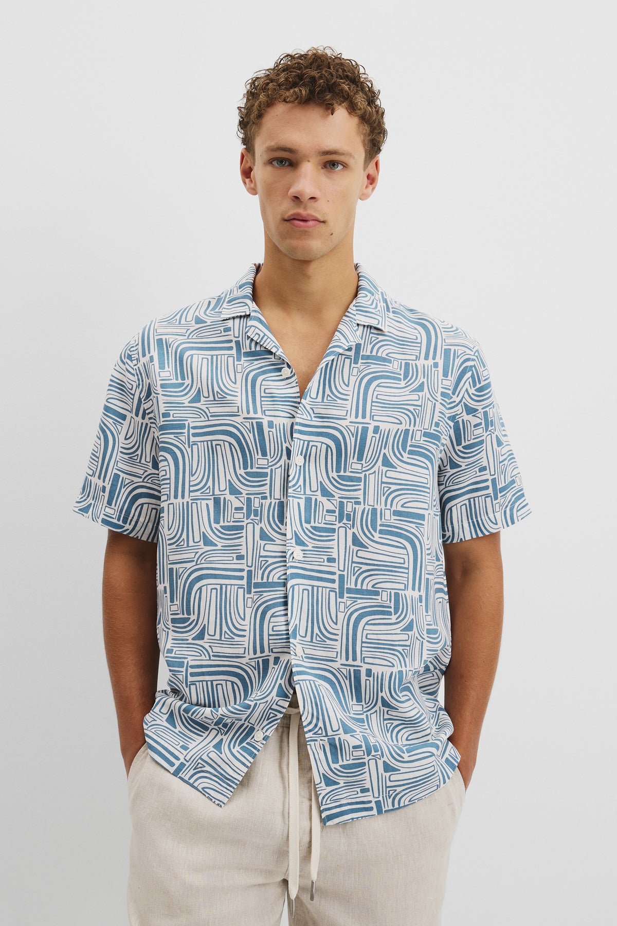 Short Sleeve Tencel Linen Abstract Print Shirt