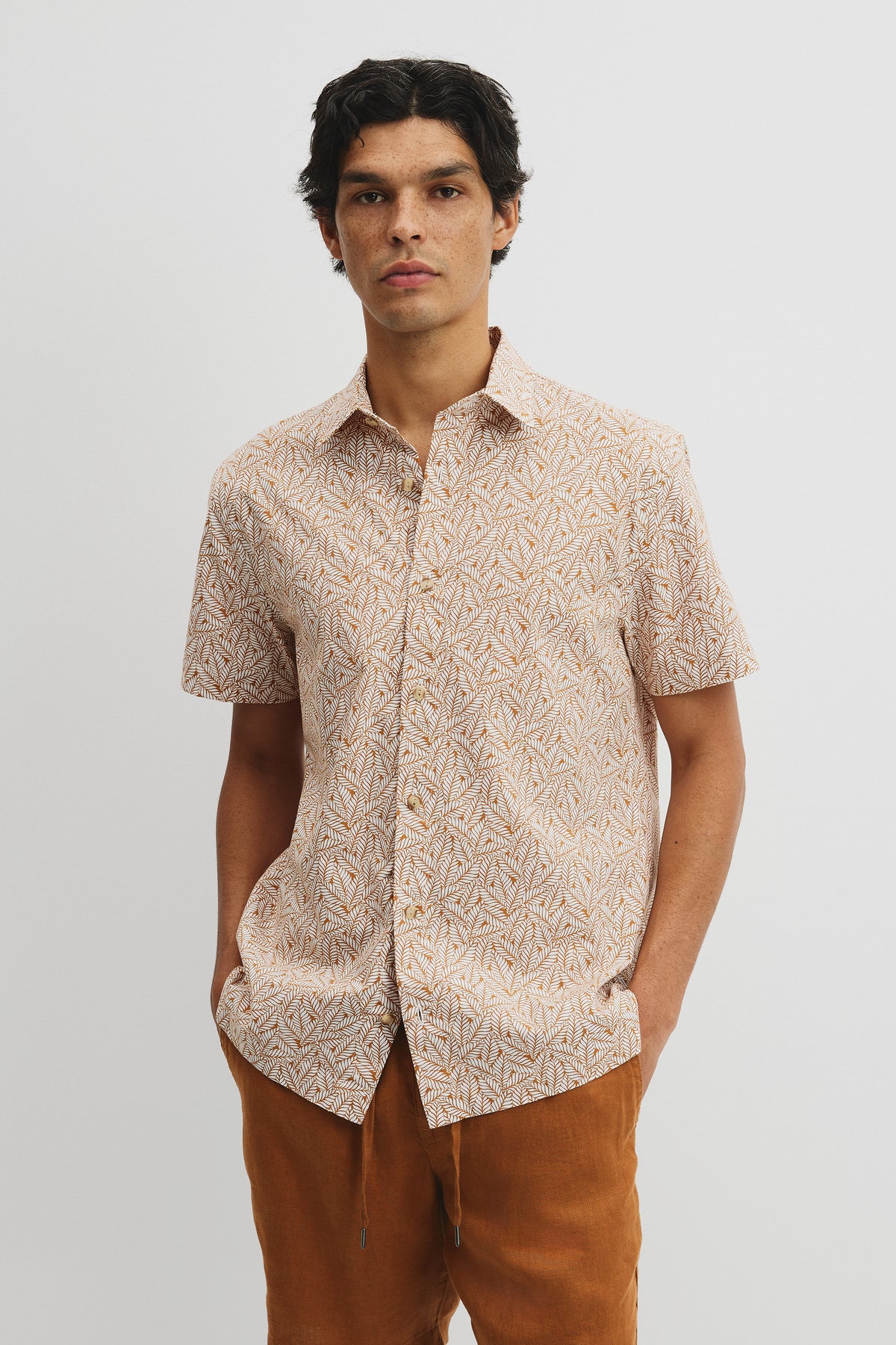 Short Sleeve Cotton Leaf Print Shirt