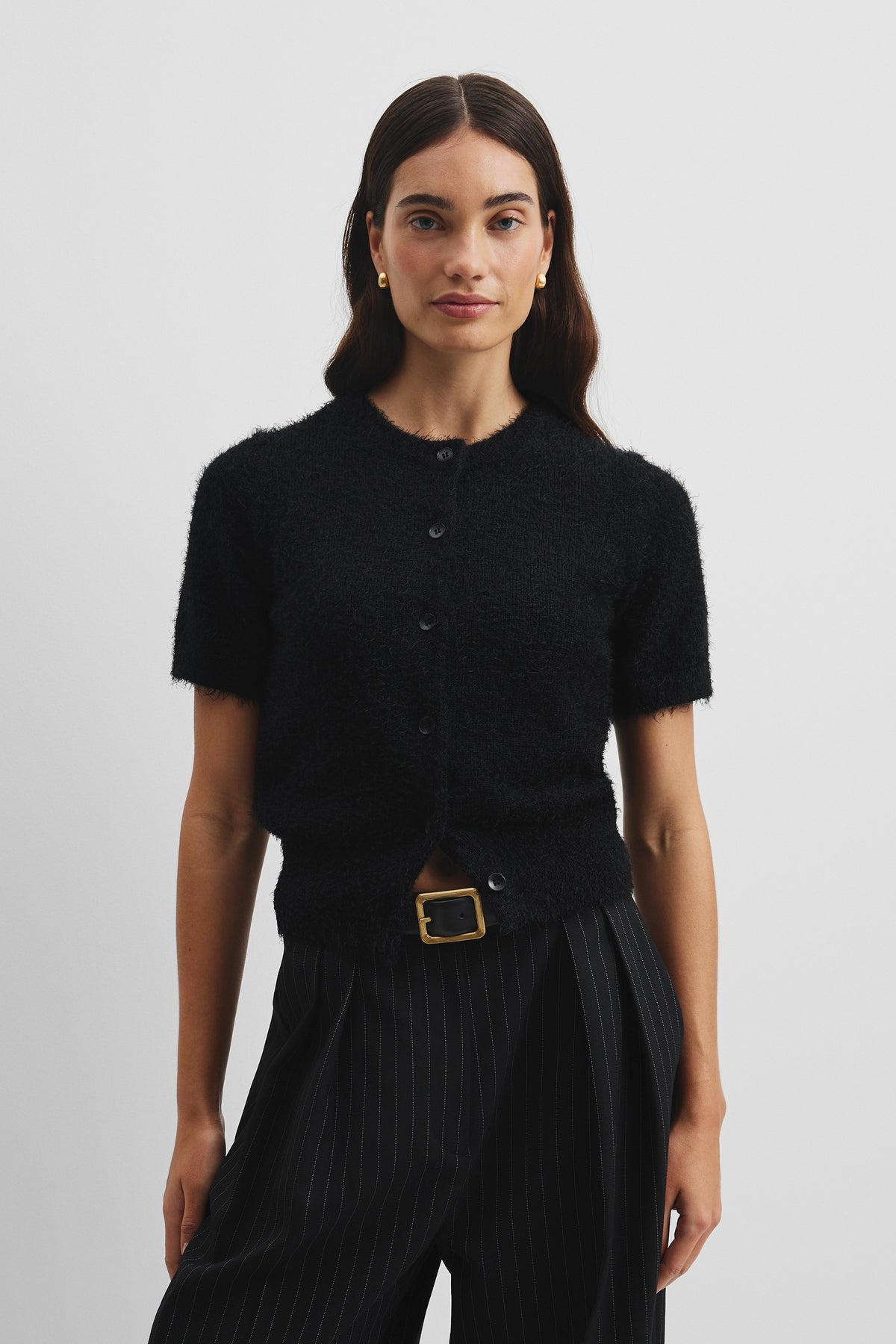 Button Fluffy Knit T-Shirt
