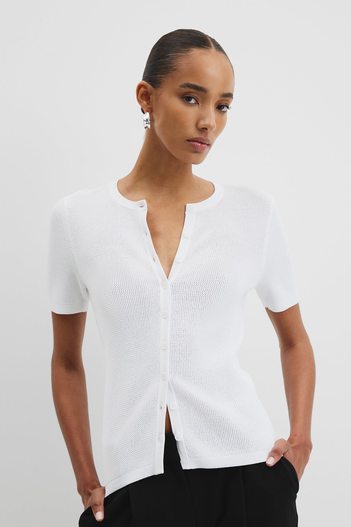 Waffle Short Sleeve Button Knit
