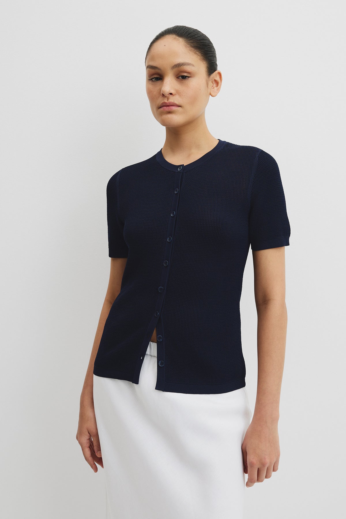 Waffle Short Sleeve Button Knit
