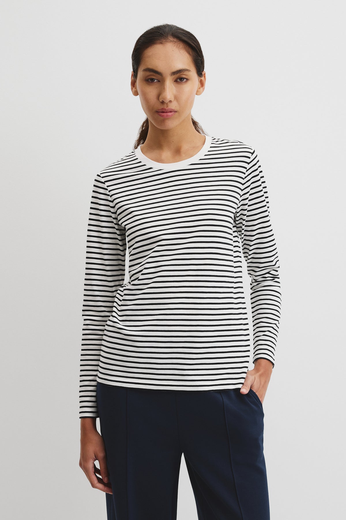 Australian Good Earth Cotton Stripe Textured Slub Long Sleeve T-Shirt