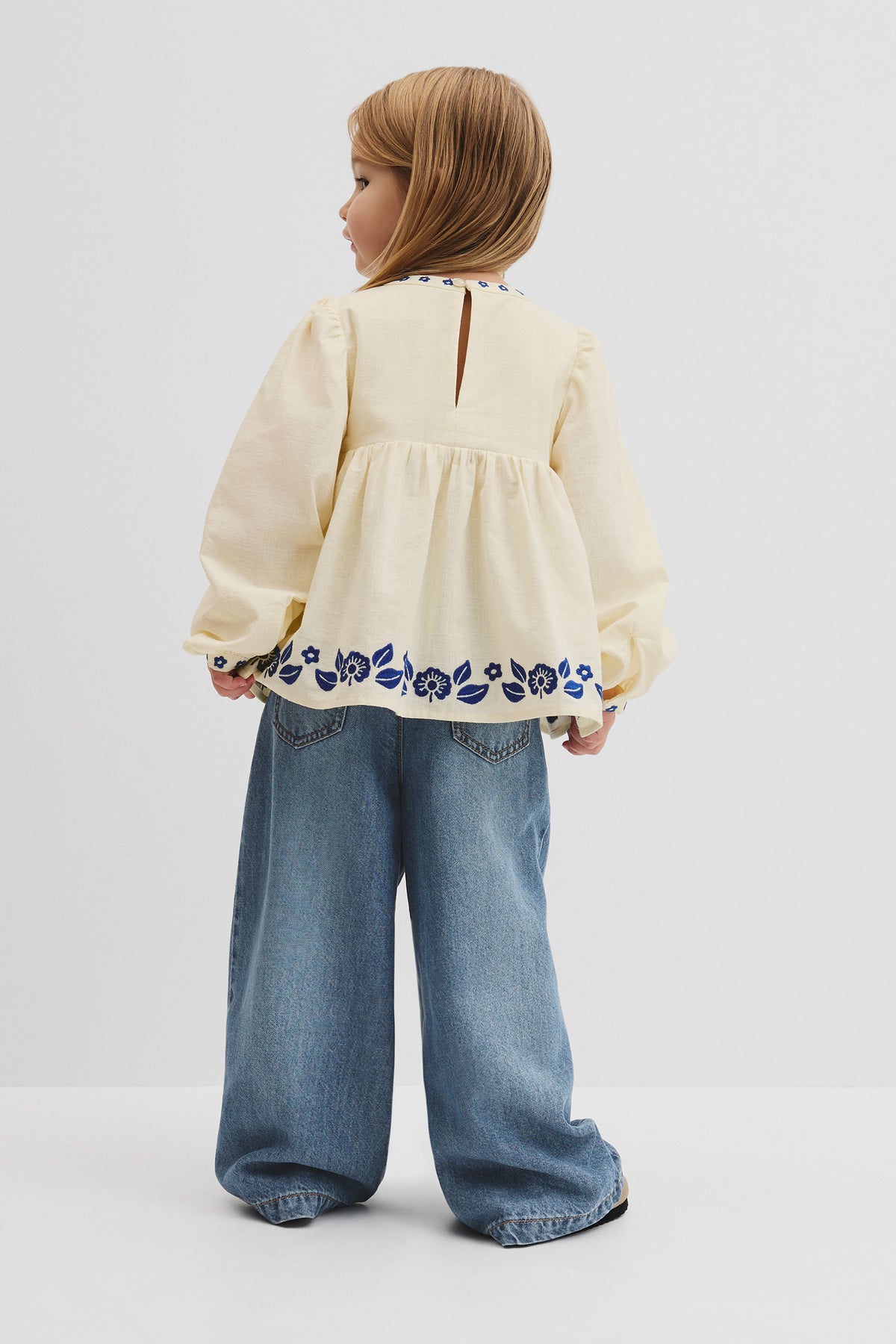 Long Sleeve Embroidered Shirred Blouse