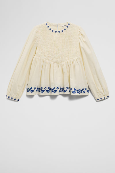 Long Sleeve Embroidered Shirred Blouse