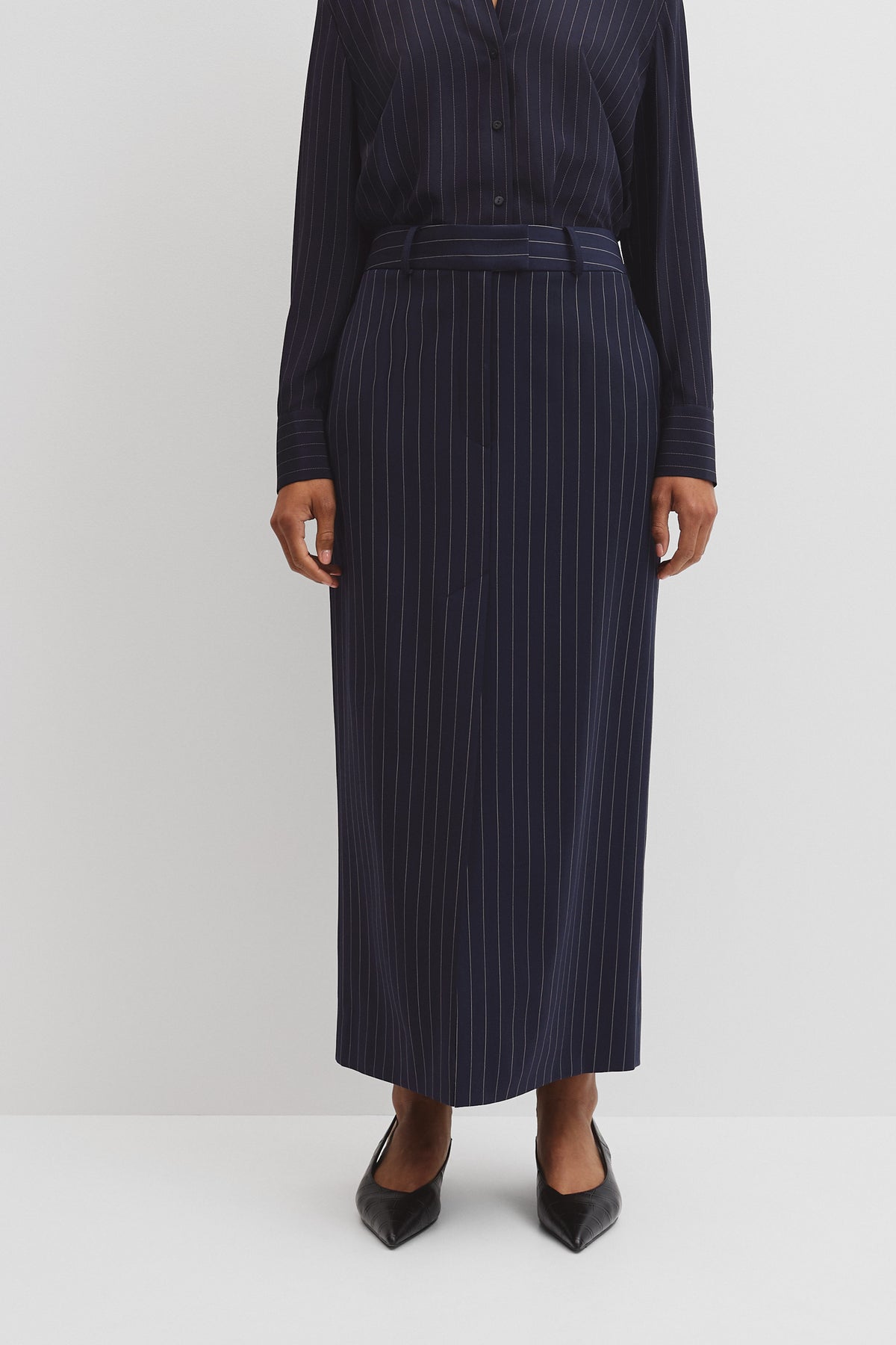 Wool Blend Tailored Pinstripe Column Skirt