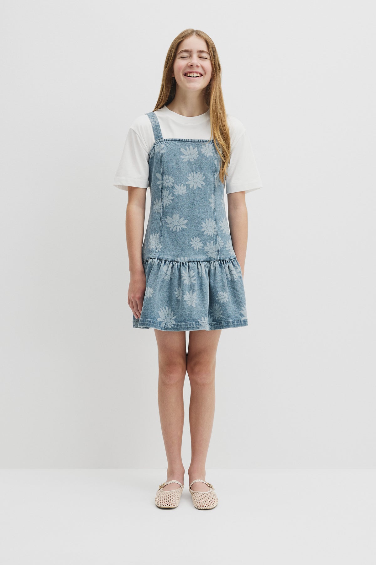Teen Sleeveless Denim Print Dress