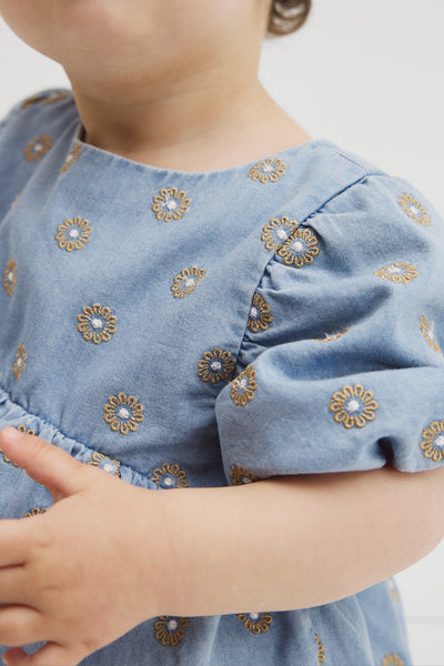 Short Sleeve Chambray Embroidered Romper