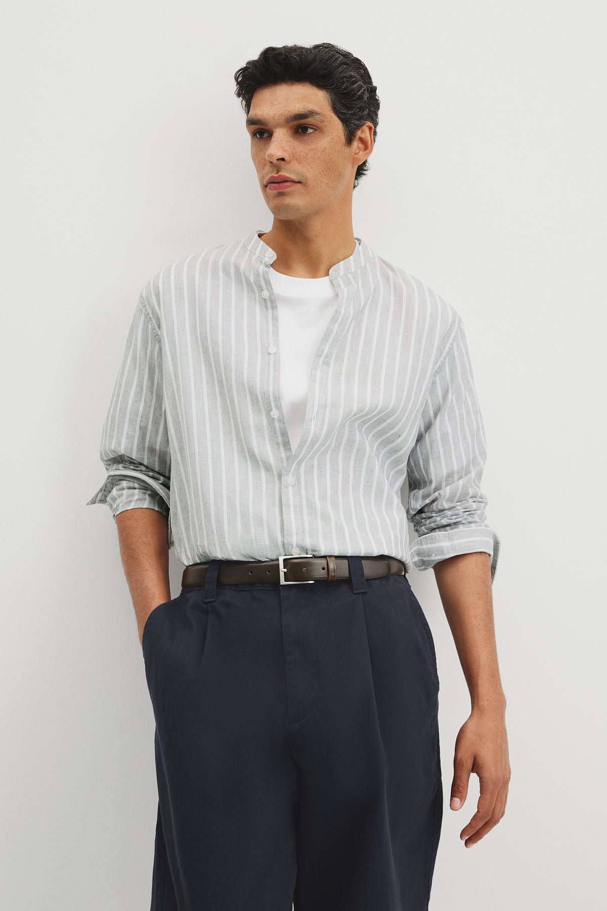 Long Sleeve Cotton Linen Band Collar Shirt