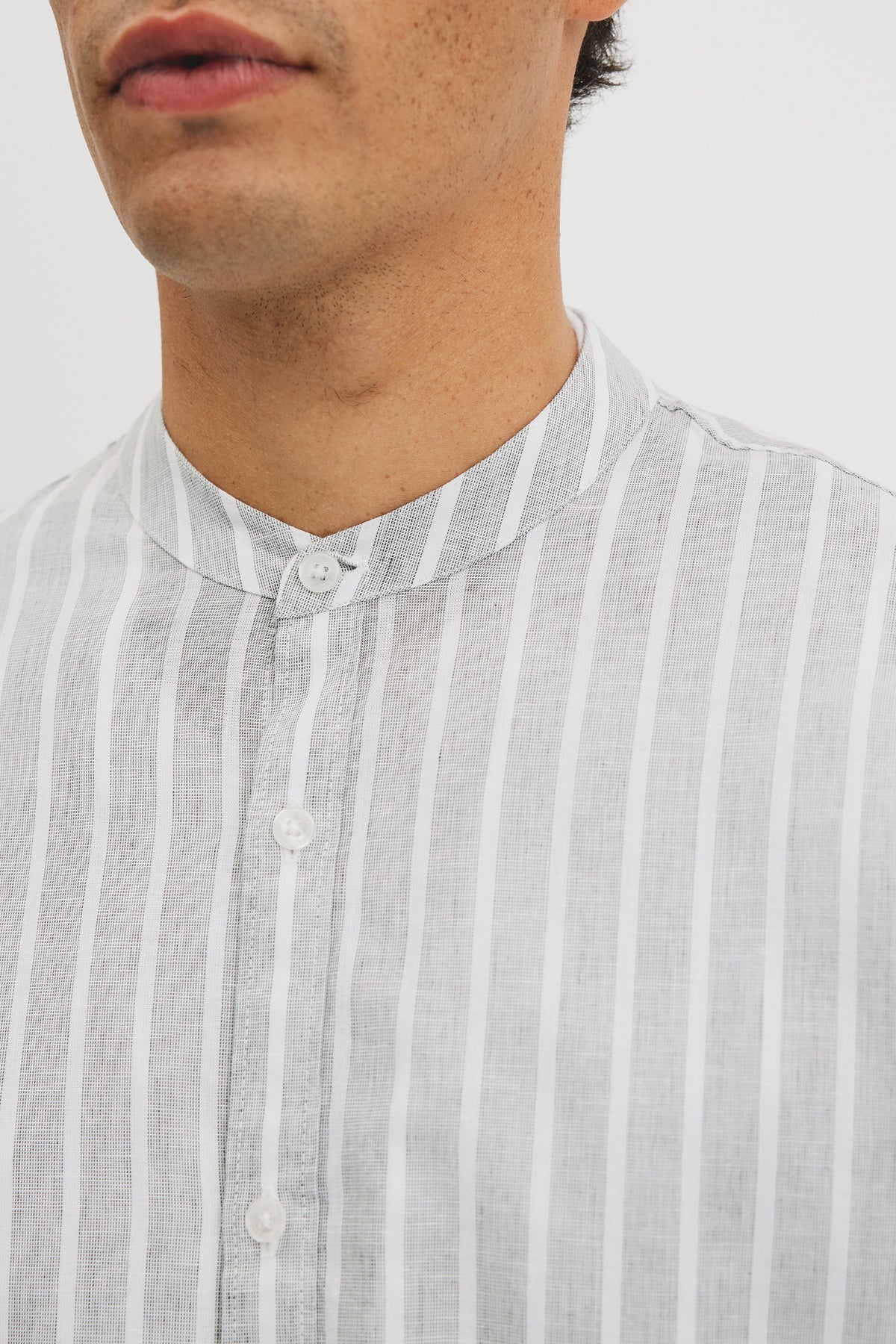 Long Sleeve Cotton Linen Band Collar Shirt