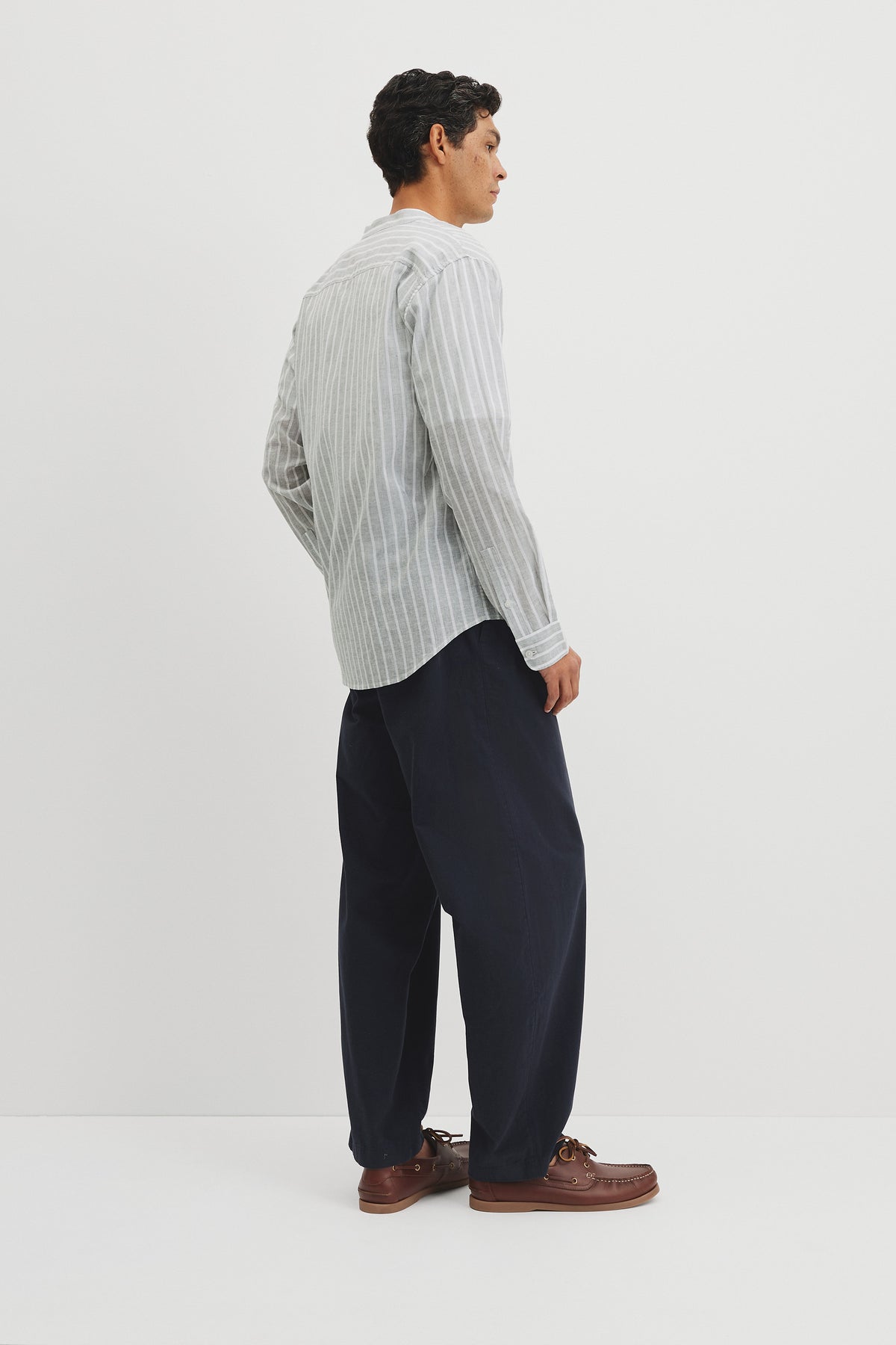 Long Sleeve Cotton Linen Band Collar Shirt