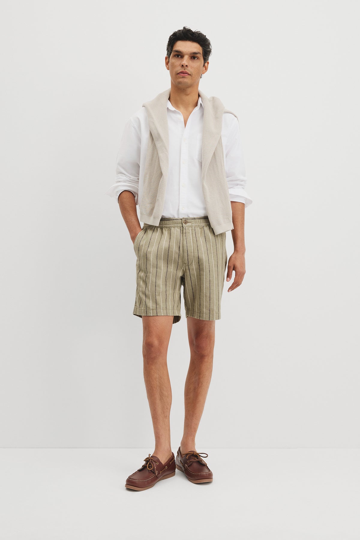 Cotton Linen Stripe Elastic Short