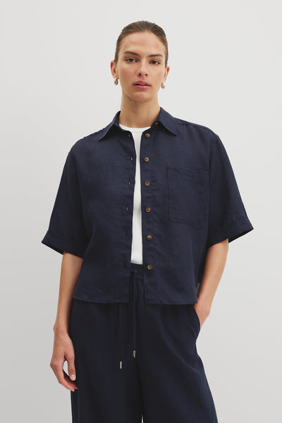 Short Sleeve Crop Linen Shirt