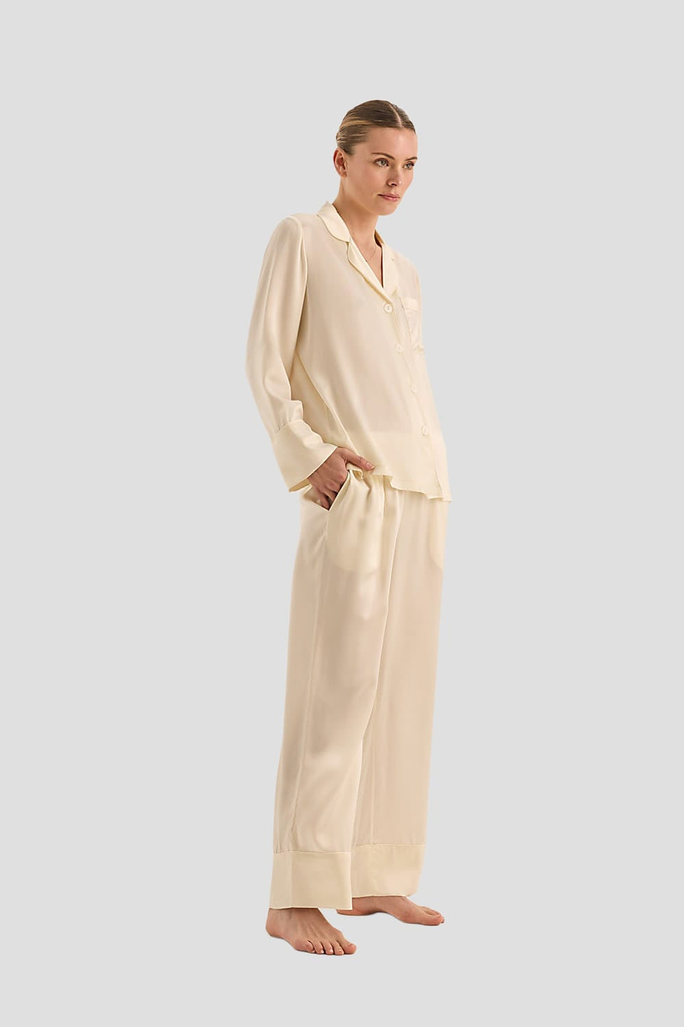 Emerald Pure Silk Long Sleeve Wide Leg Pyjama Set - Ivory - image 2