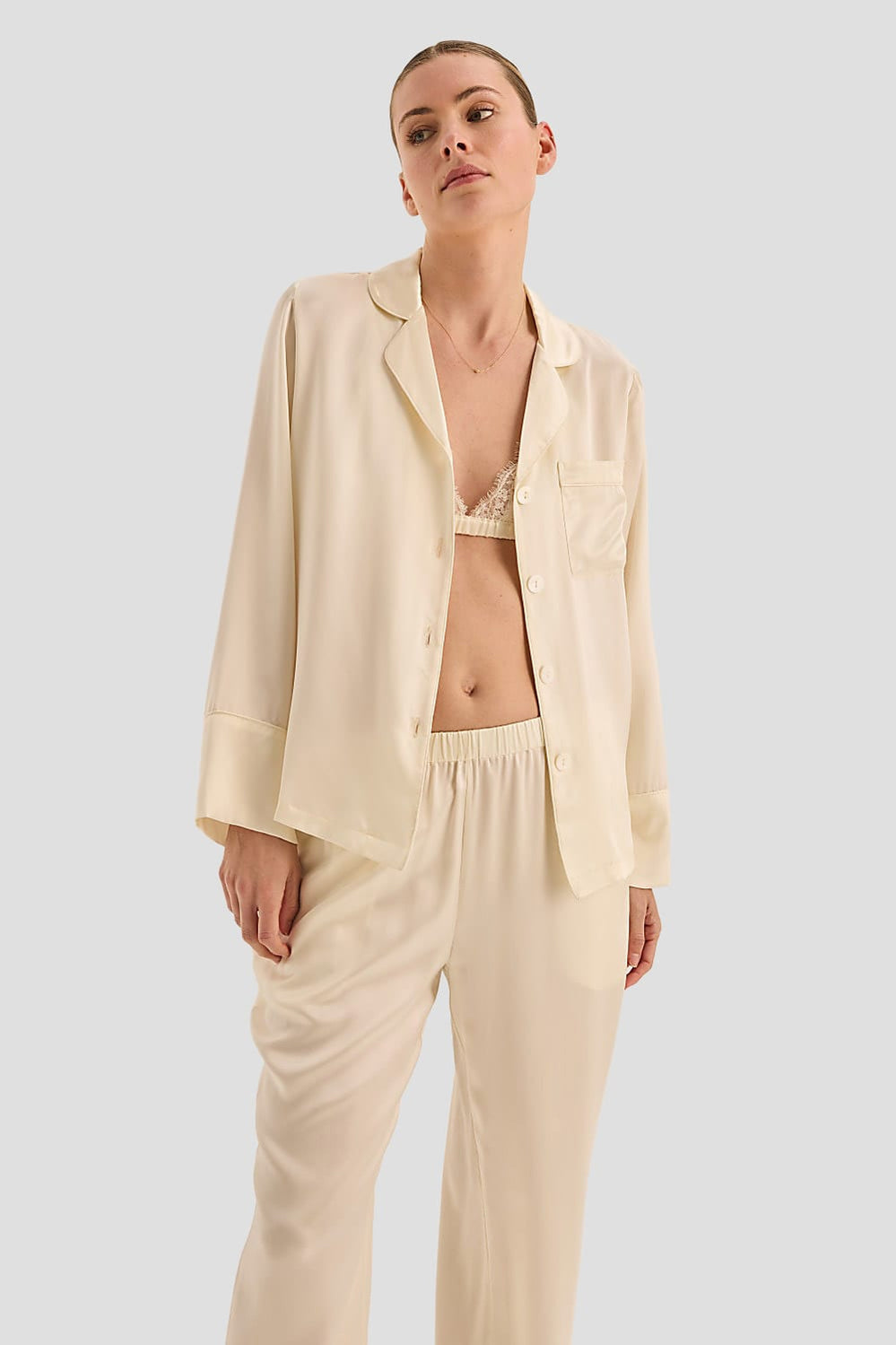 Emerald Pure Silk Long Sleeve Wide Leg Pyjama Set - Ivory - image 4