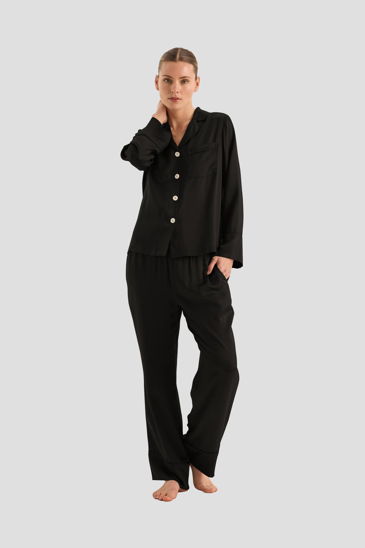 Emerald Pure Silk Long Sleeve Wide Leg Pyjama Set - Black - image 1