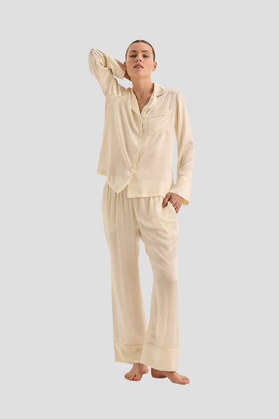 Emerald Pure Silk Long Sleeve Wide Leg Pyjama Set - Ivory - image 1