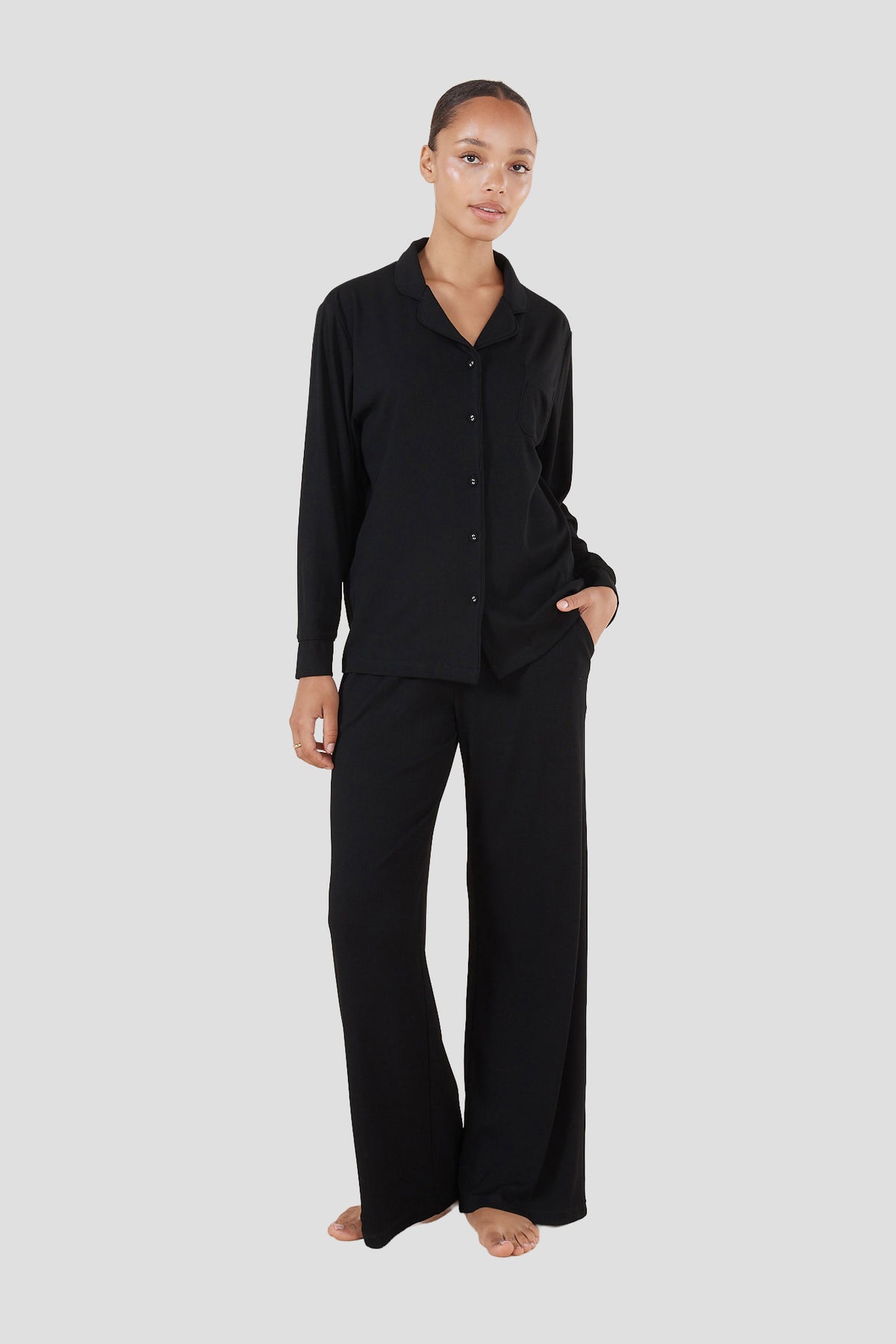 Emilia Ribbed Lounge Pj Set - Black - image 1
