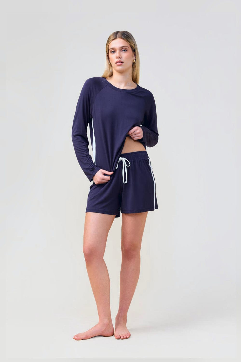 Pippa Bamboo Shorts With Stripe - Navy - image 3