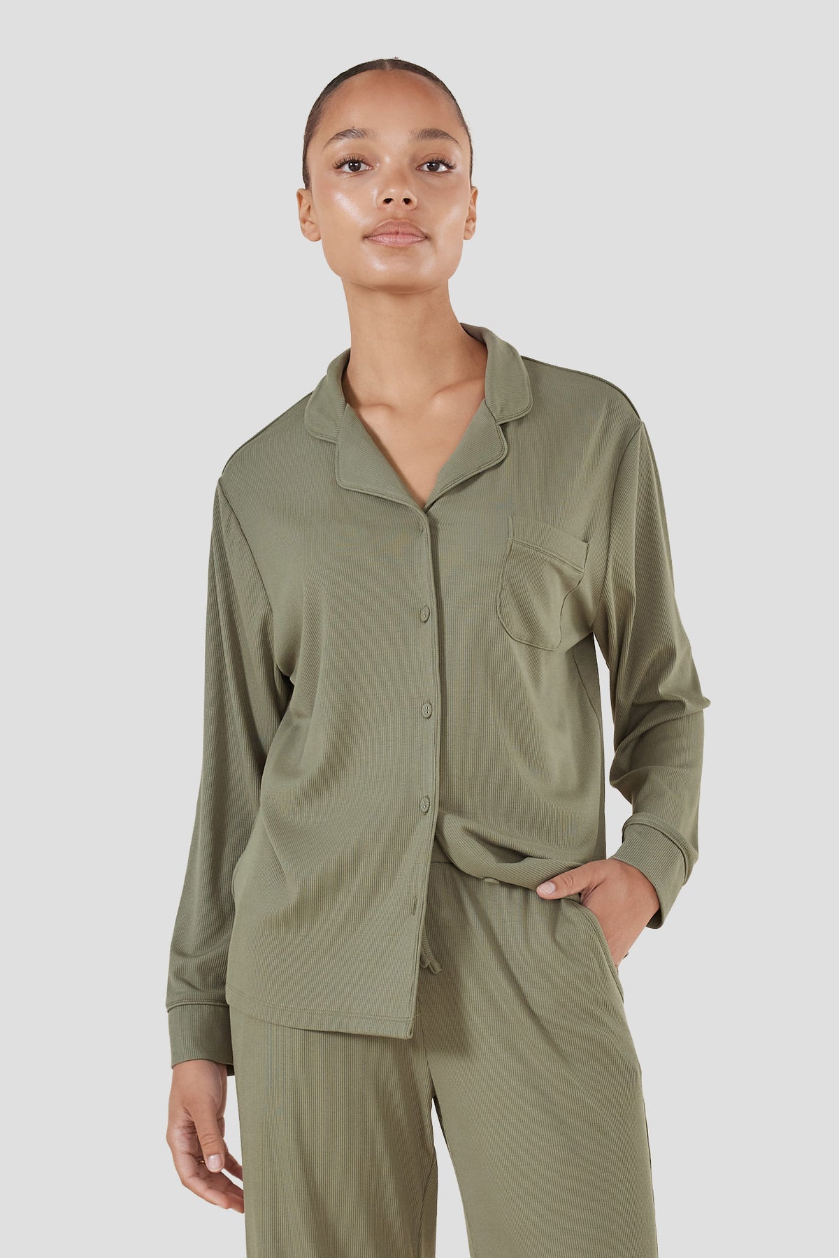 Emilia Ribbed Lounge Pj Set - Olive - image 3