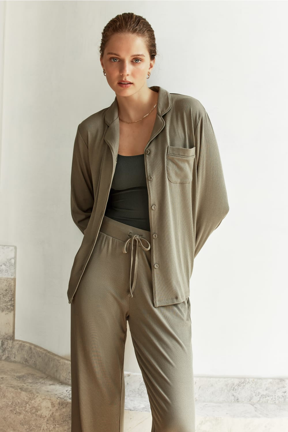 Emilia Ribbed Lounge Pj Set - Olive - image 2