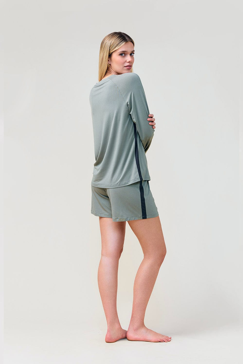 Pippa Bamboo Shorts With Stripe - Olive - image 4