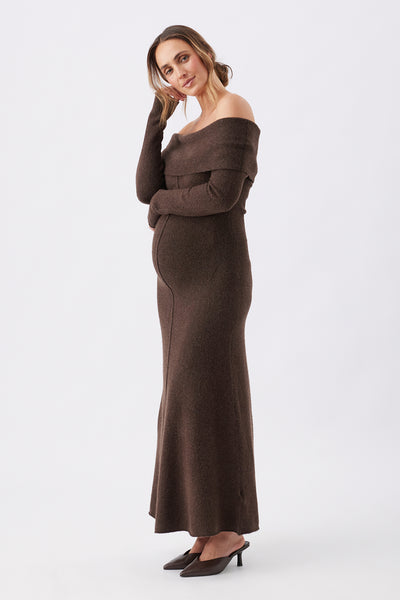 Tyla Off Shoulder Knit Maternity Dress - Brown - image 2
