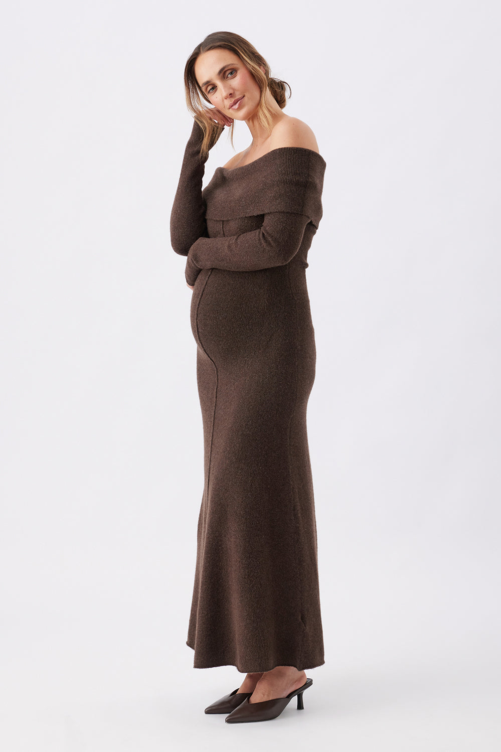 Tyla Off Shoulder Knit Maternity Dress - Brown - image 2