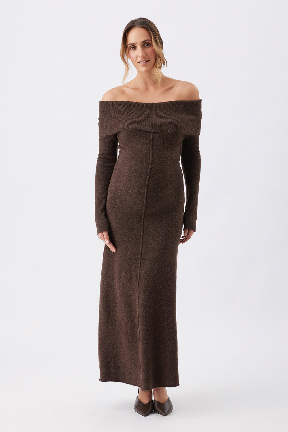 Tyla Off Shoulder Knit Maternity Dress - Brown - image 1