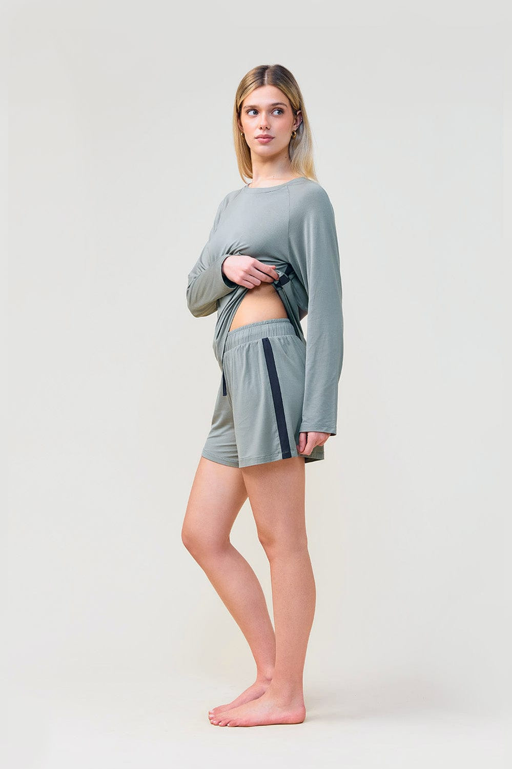 Pippa Bamboo Shorts With Stripe - Olive - image 3